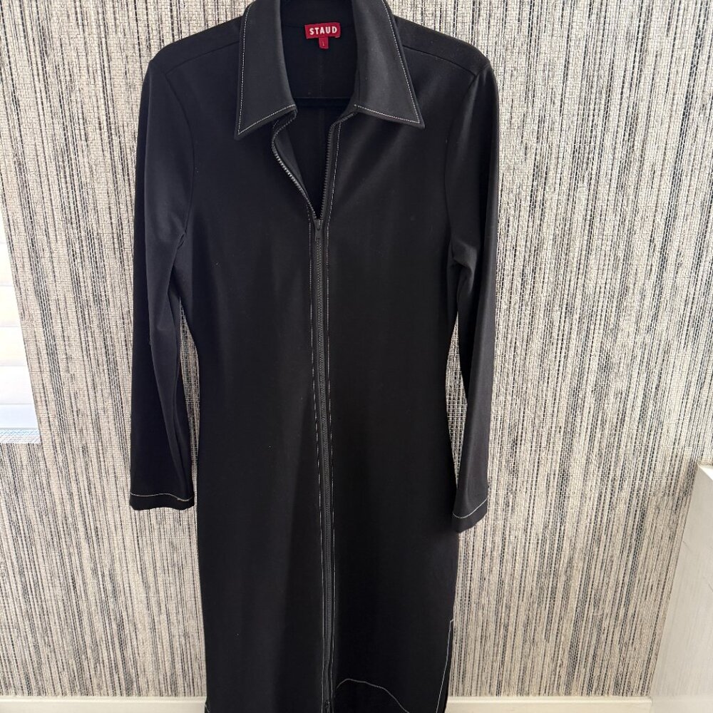 STAUD Black Zip-Front Midi Dress with Contrast Stitching (Size L)